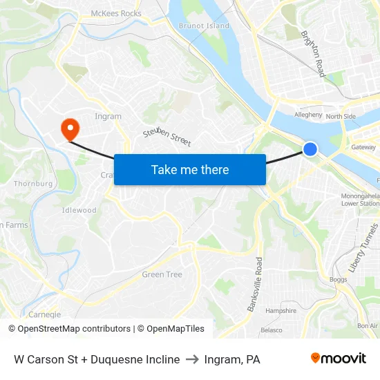 W Carson St + Duquesne Incline to Ingram, PA map