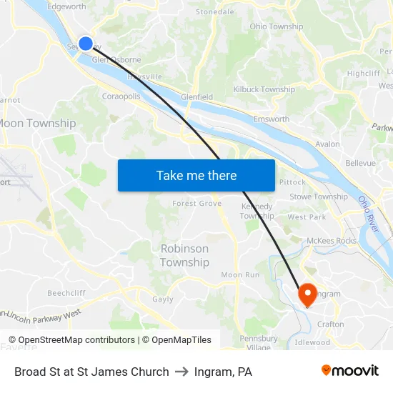 Broad St at St James Church to Ingram, PA map