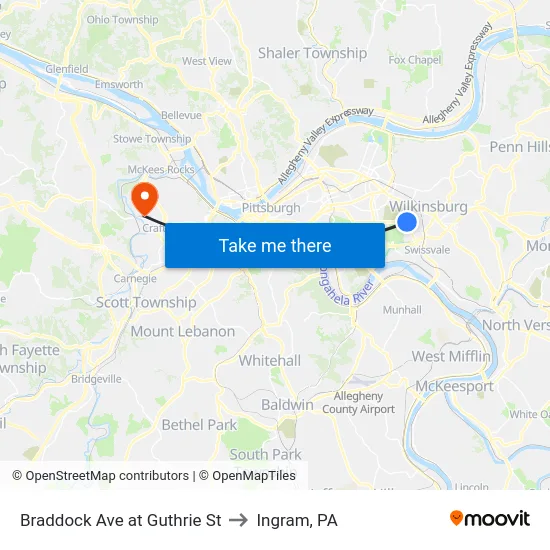 Braddock Ave at Guthrie St to Ingram, PA map