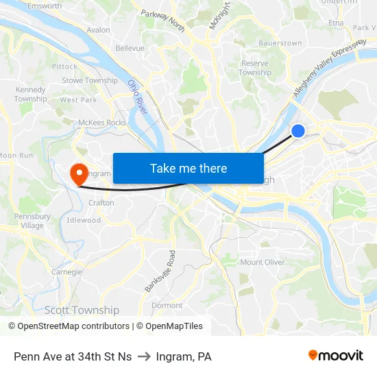 Penn Ave at 34th St Ns to Ingram, PA map
