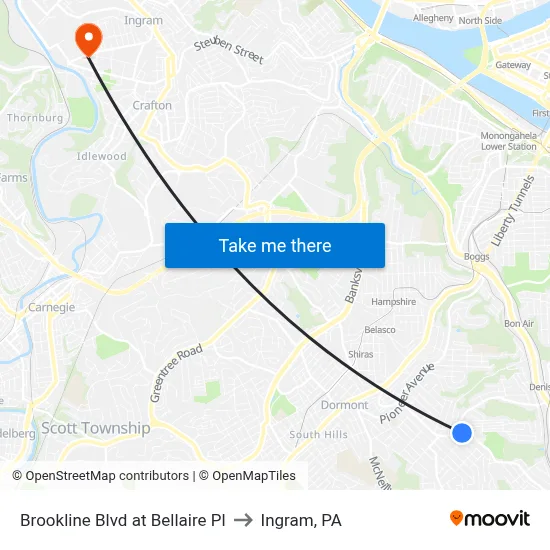 Brookline Blvd at Bellaire Pl to Ingram, PA map