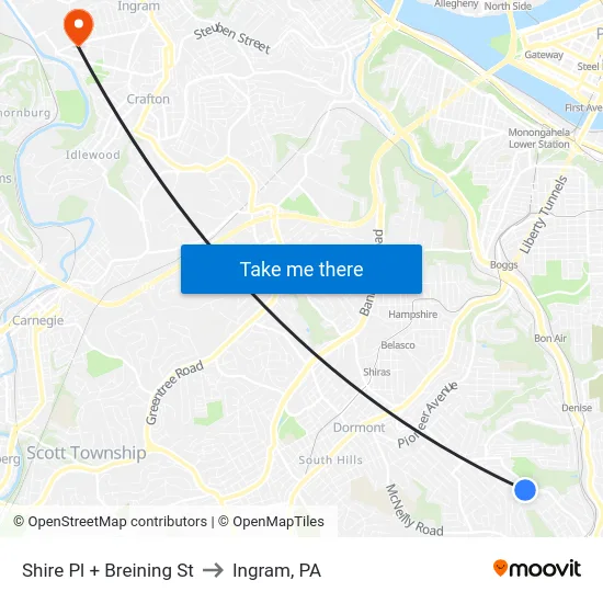 Shire Pl + Breining St to Ingram, PA map