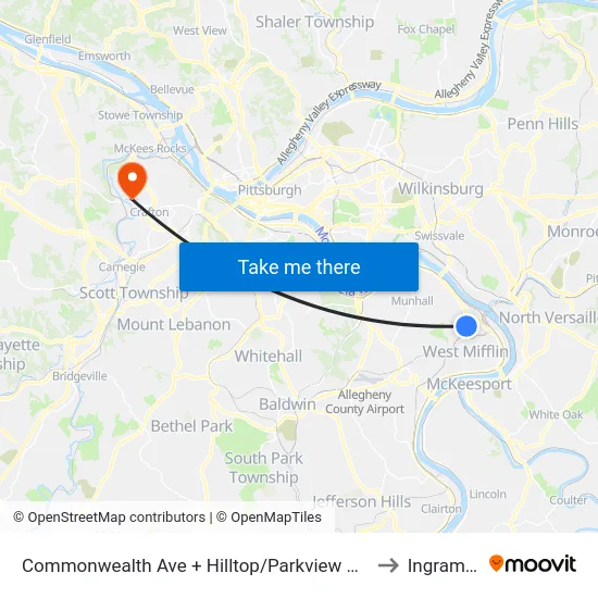 Commonwealth Ave + Hilltop/Parkview Manor Apts to Ingram, PA map