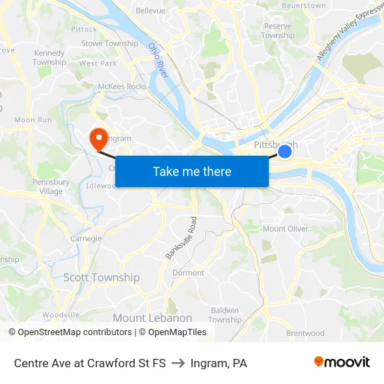 Centre Ave at Crawford St FS to Ingram, PA map
