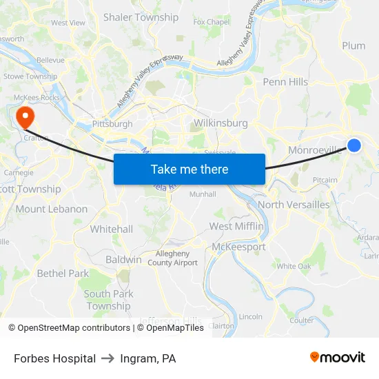 Forbes Hospital to Ingram, PA map