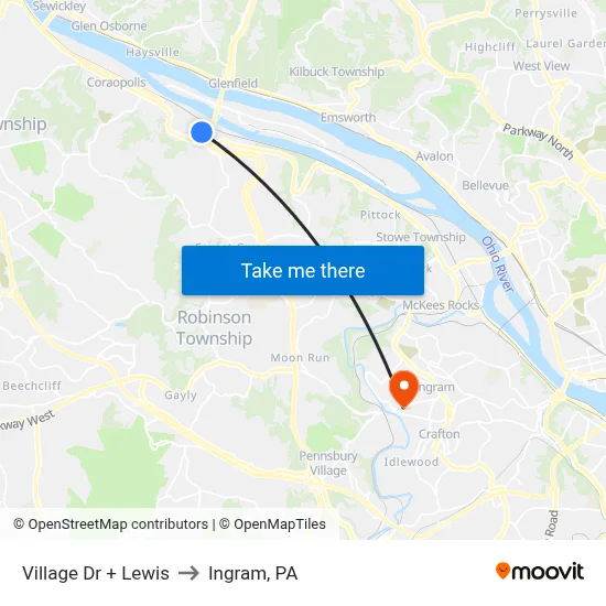 Village Dr + Lewis to Ingram, PA map