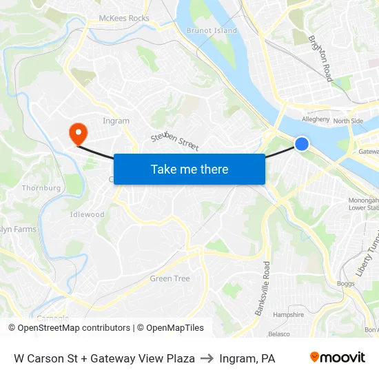 W Carson St + Gateway View Plaza to Ingram, PA map