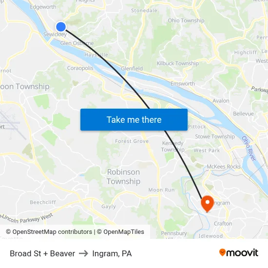 Broad St + Beaver to Ingram, PA map