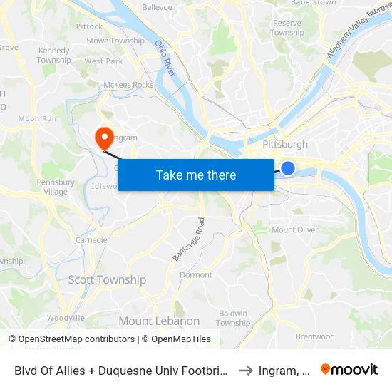 Blvd Of Allies + Duquesne Univ Footbridge to Ingram, PA map