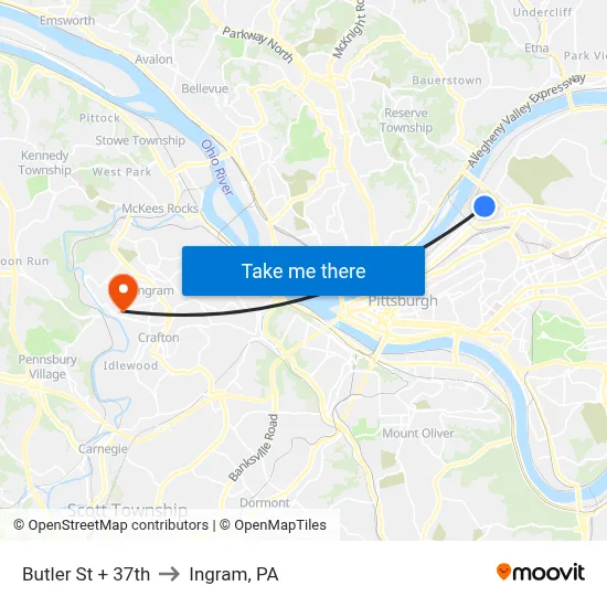 Butler St + 37th to Ingram, PA map