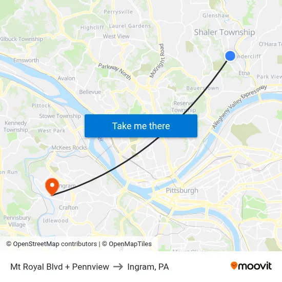 Mt Royal Blvd + Pennview to Ingram, PA map