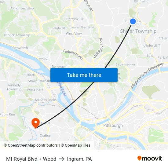 Mt Royal Blvd + Wood to Ingram, PA map
