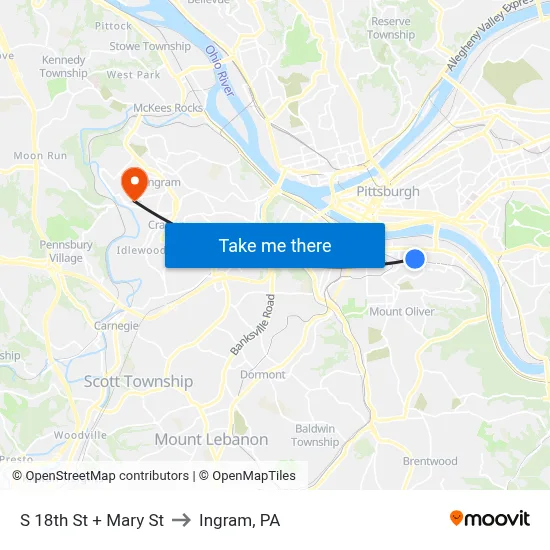 S 18th St + Mary St to Ingram, PA map