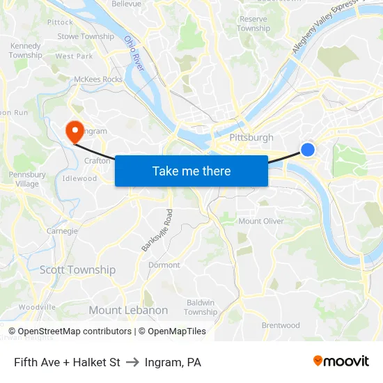 Fifth Ave + Halket St to Ingram, PA map