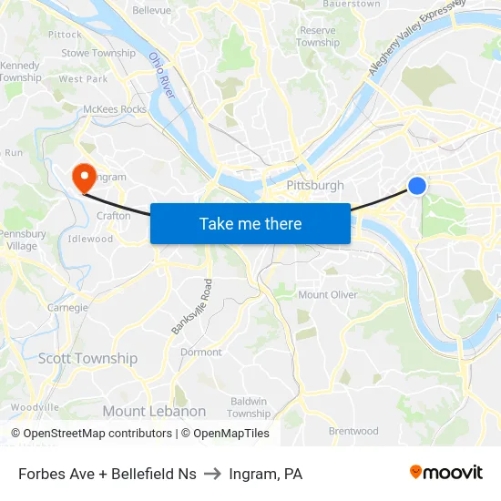 Forbes Ave + Bellefield Ns to Ingram, PA map