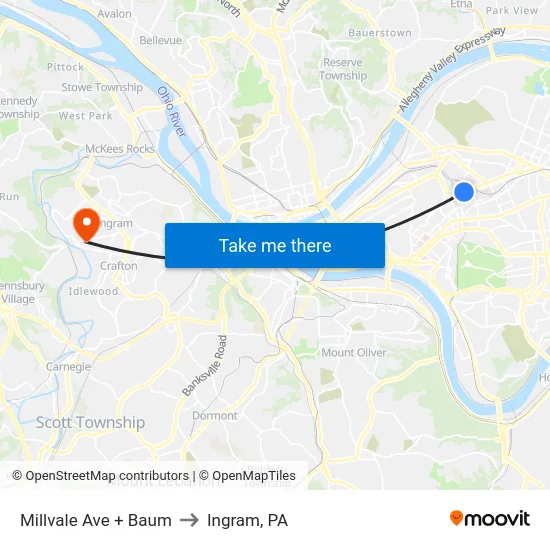 Millvale Ave + Baum to Ingram, PA map