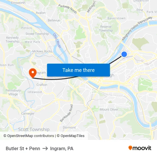 Butler St + Penn to Ingram, PA map