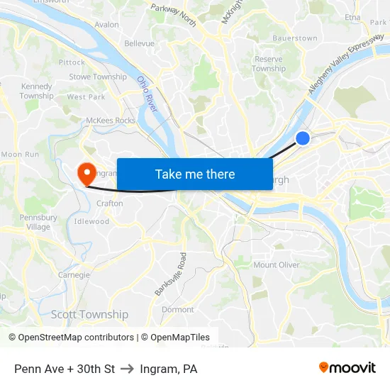 Penn Ave + 30th St to Ingram, PA map