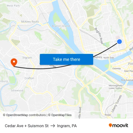 Cedar Ave + Suismon St to Ingram, PA map