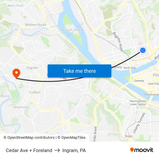 Cedar Ave + Foreland to Ingram, PA map