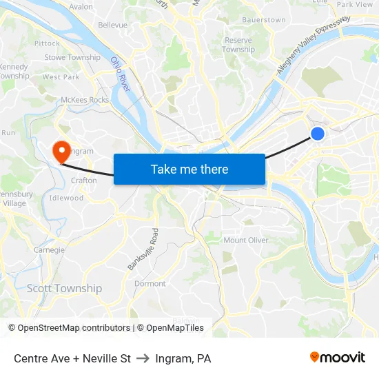 Centre Ave + Neville St to Ingram, PA map