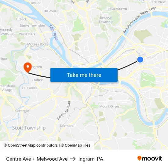 Centre Ave + Melwood Ave to Ingram, PA map