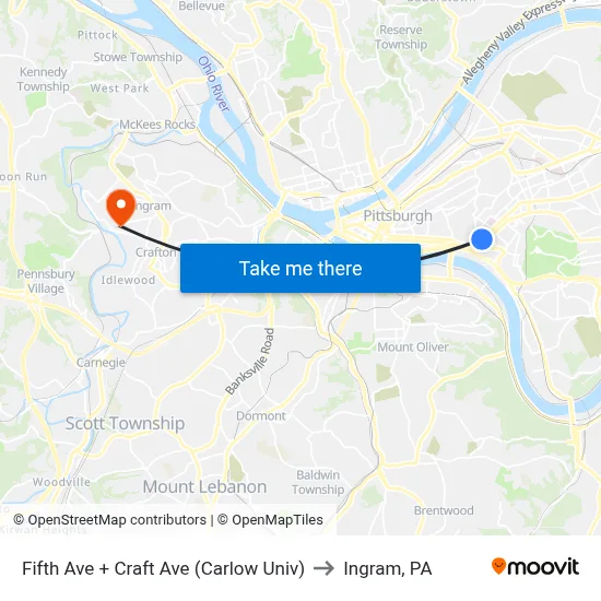 Fifth Ave + Craft Ave (Carlow Univ) to Ingram, PA map