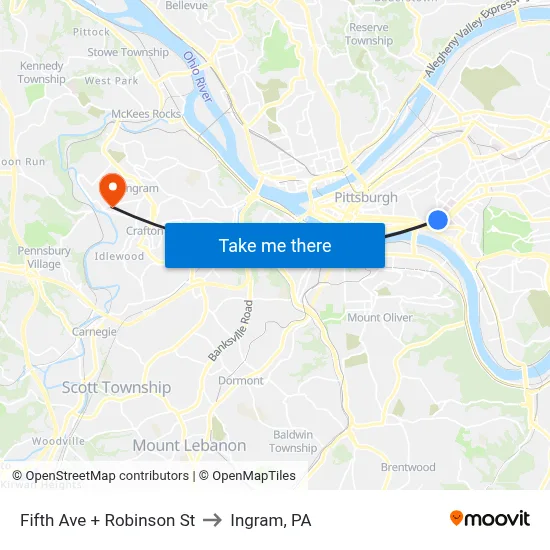 Fifth Ave + Robinson St to Ingram, PA map