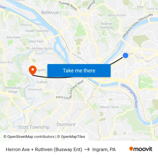 Herron Ave + Ruthven (Busway Ent) to Ingram, PA map