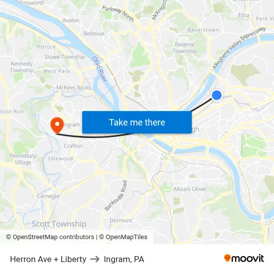 Herron Ave + Liberty to Ingram, PA map