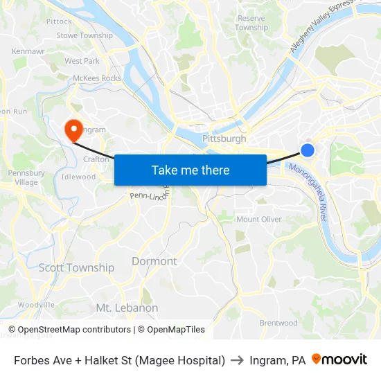 Forbes Ave + Halket St (Magee Hospital) to Ingram, PA map
