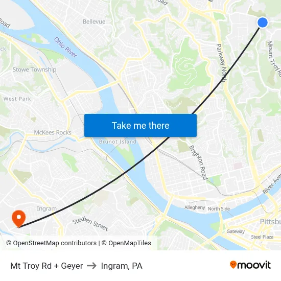 Mt Troy Rd + Geyer to Ingram, PA map