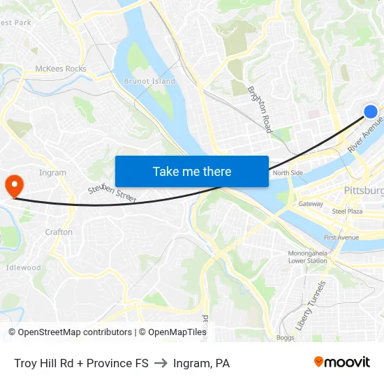 Troy Hill Rd + Province FS to Ingram, PA map