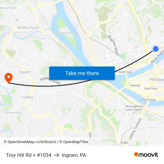 Troy Hill Rd + #1034 to Ingram, PA map