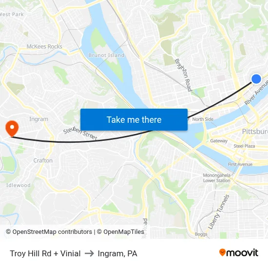 Troy Hill Rd + Vinial to Ingram, PA map