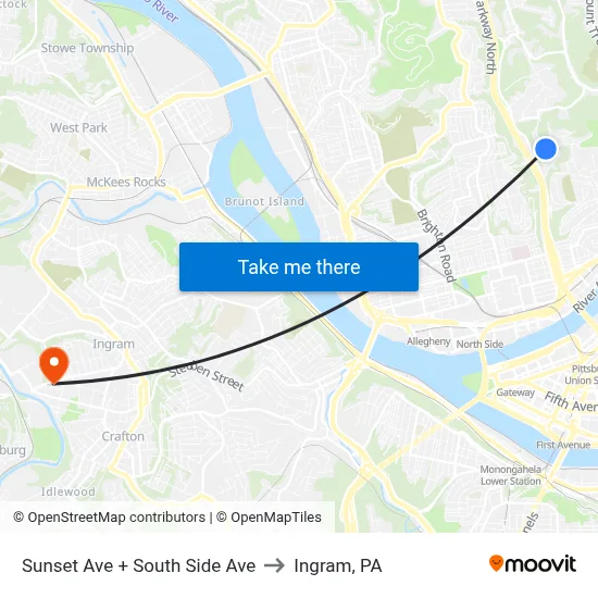 Sunset Ave + South Side Ave to Ingram, PA map