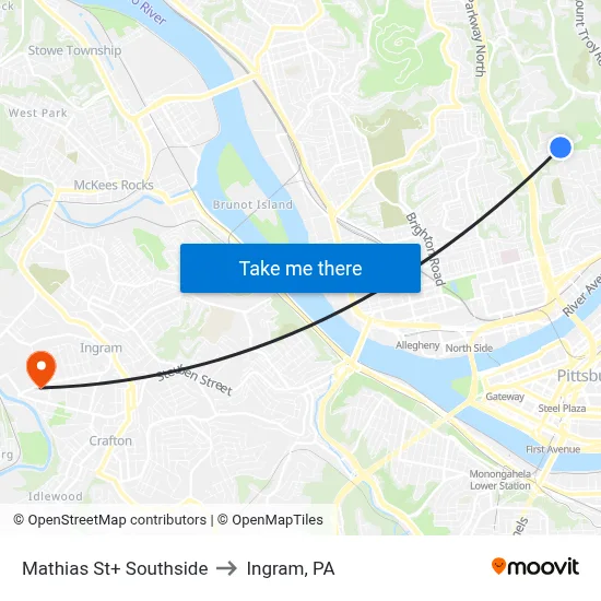Mathias St+ Southside to Ingram, PA map