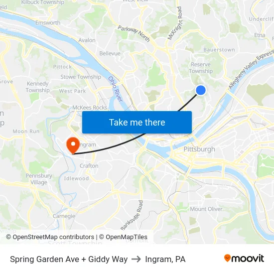 Spring Garden Ave + Giddy Way to Ingram, PA map