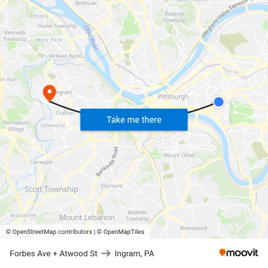Forbes Ave + Atwood St to Ingram, PA map
