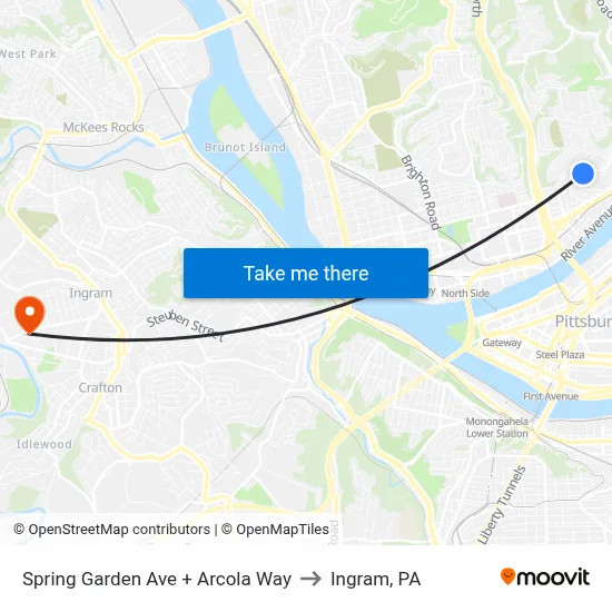 Spring Garden Ave + Arcola Way to Ingram, PA map