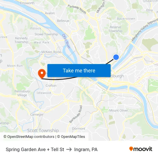 Spring Garden Ave + Tell St to Ingram, PA map