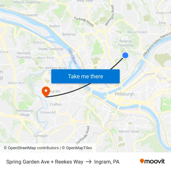 Spring Garden Ave + Reekes Way to Ingram, PA map