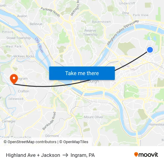 Highland Ave + Jackson to Ingram, PA map