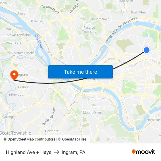 Highland Ave + Hays to Ingram, PA map
