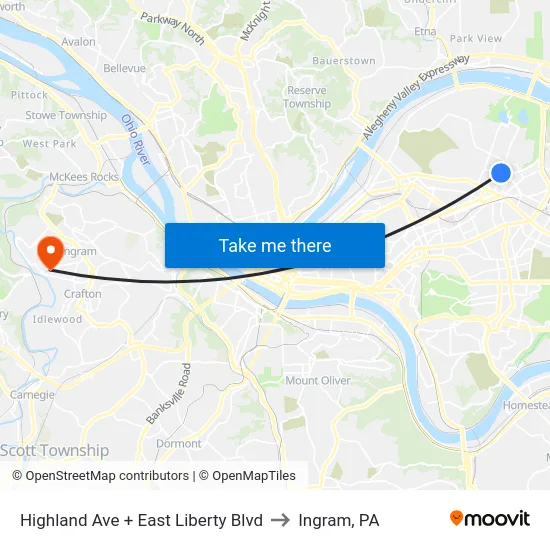 Highland Ave + East Liberty Blvd to Ingram, PA map
