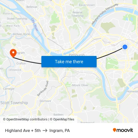 Highland Ave + 5th to Ingram, PA map