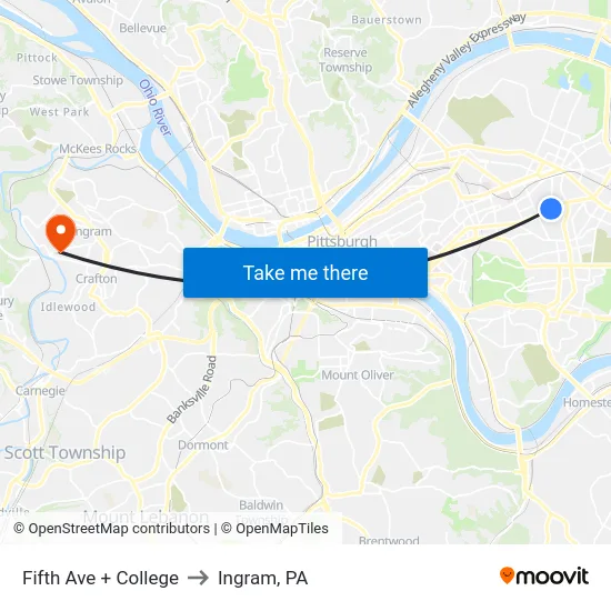 Fifth Ave + College to Ingram, PA map