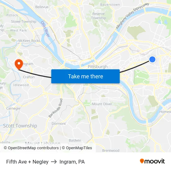 Fifth Ave + Negley to Ingram, PA map