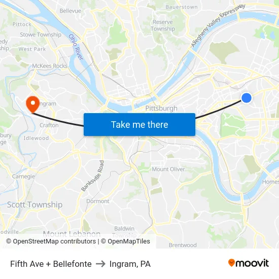 Fifth Ave + Bellefonte to Ingram, PA map