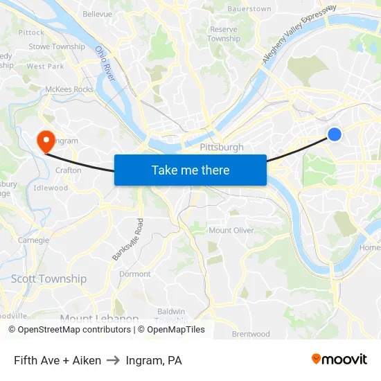 Fifth Ave + Aiken to Ingram, PA map